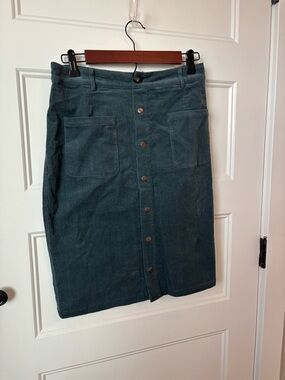 Button-Front Midi Corduroy Skirt in Teal